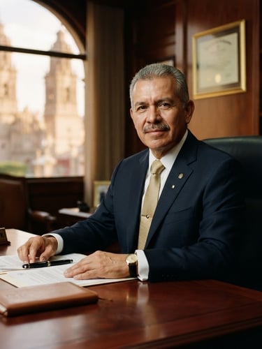 Professional portrait of Lic. Jaime Hernández, a distinguished lawyer in a dark suit, seated at a polished mahogany desk in an elegant corporate office, natural window light, classical architecture visible outside, solemn and confident expression, 35mm.