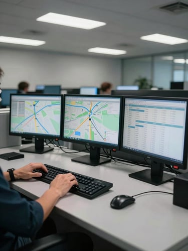 Wide shot of a multi-monitor dispatch workstation from the left, three screens showing live route maps and order queues under cool fluorescent office light, operator's hands resting near keyboard, mid-shift ops floor visible in background