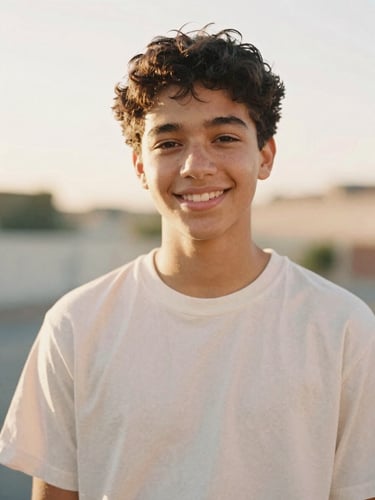 A warm, candid portrait of a Gen Z teenager of color smiling in natural golden-hour sunlight, soft focus, 35mm film texture.