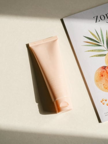 Top-down aesthetic flat-lay of a pastel peach Glow Kit containing a clean sun care tube and a colorful wellness zine on a cream background, soft natural shadows, 35mm film texture.