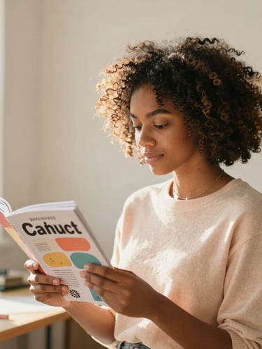 Warm environmental portrait of a young Black female founder in a sunlit creative studio, holding a colorful wellness zine, soft diffused golden-hour light, shallow depth of field.