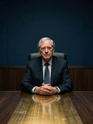 Portrait of a senior financial advisor in a quiet executive boardroom, dramatic low-key lighting, brushed metal desk, deep obsidian and gold tones, 35mm.