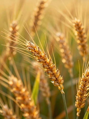 Macro close-up of heavy golden wheat ears under bright morning sunlight, shallow depth of field, rich warm tones