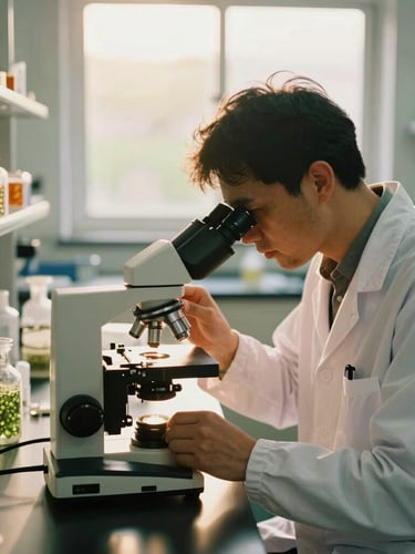 Crisp daylight shot of a modern agricultural laboratory, a scientist in a white coat using a microscope to inspect seed structures, warm golden sunlight streaming through a window, shallow depth of field, 35mm