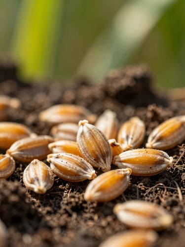 Macro close-up of golden wheat seeds resting on rich dark soil, warm morning sunlight highlighting organic textures, shallow depth of field, 35mm