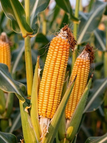 Vibrant close-up of heavy-yielding corn cobs growing on stalks in a sun-drenched Indian field, golden-hour light, shallow depth of field