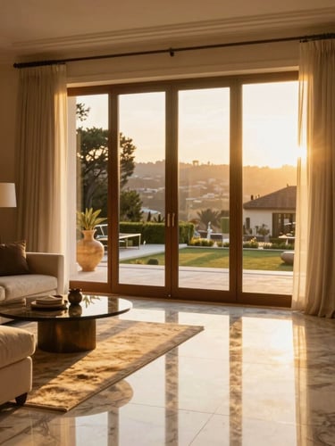 Warm editorial photography of a sun-drenched luxury villa living room in Quinta do Lago, golden-hour window light reflecting on pristine marble floors, 35mm