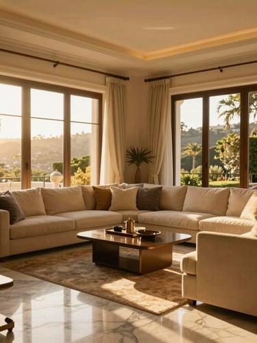 Warm editorial photography of a sun-drenched luxury villa living room in Quinta do Lago, golden-hour light streaming through large windows onto immaculate marble floors, 35mm.