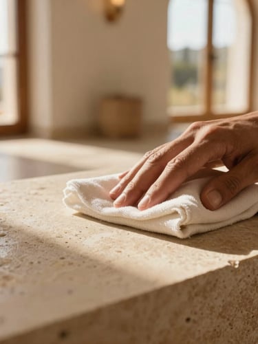 Extreme close-up of a delicate stone surface being carefully polished with a soft cloth, warm natural light, shallow depth of field, premium Algarve villa interior.