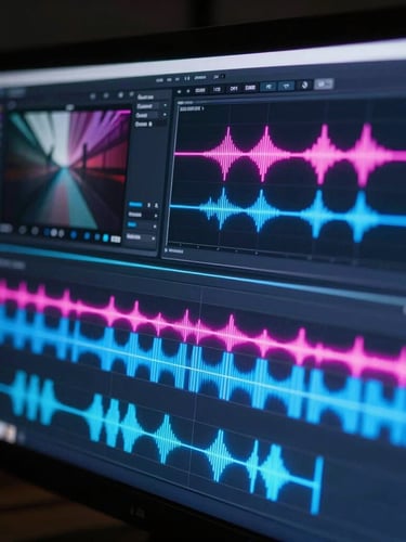 Extreme close-up of a video editing timeline on a color-grading monitor, glowing neon blue and magenta audio waveforms, sharp UI details, dark studio background, cinematic lighting.