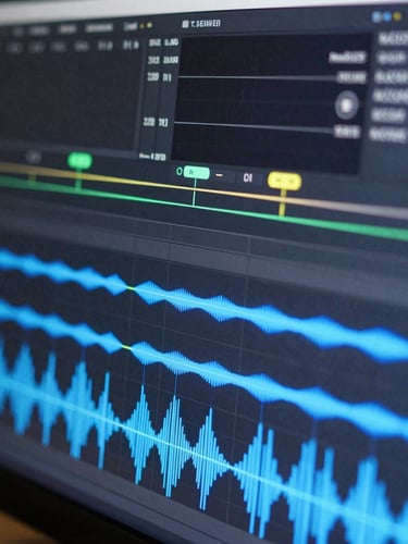 Extreme close-up of a video editing timeline with bright blue audio waveforms and neon marker points on a dark monitor screen.