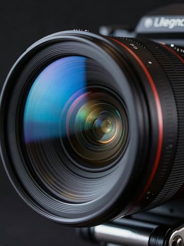 Extreme close-up of a camera rig with neon blue ambient screen glow reflecting on the lens, dark studio setting, high-contrast lighting, sharp focus.