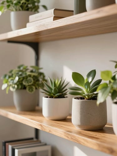 A close-up of a beautifully organized, sunlit living room shelf with polished wooden surfaces and green plants, warm daylight, 35mm editorial.