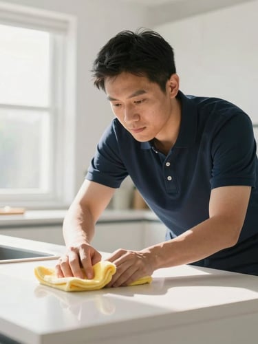A professional cleaner in a neat navy polo polishing a modern kitchen counter, bright natural daylight streaming through a window, soft focus, editorial style, 35mm.