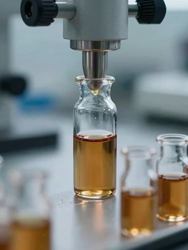 Industrial laboratory testing of feedstock samples, macro shot of glass vial with amber liquid, cool technical lighting, sharp focus on testing equipment.