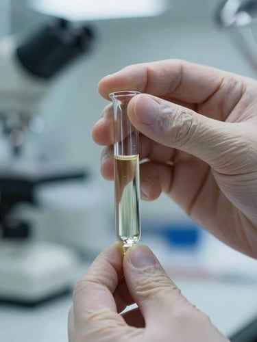 Macro close-up of a technician in a cool-lit laboratory testing a liquid biofuel sample in a glass vial, technical equipment blurred in the background.