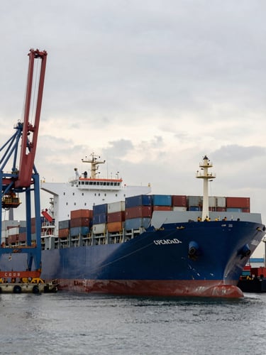 Wide environmental shot of a massive maritime cargo vessel docked at an industrial port during an overcast morning, heavy container cranes framing the composition.