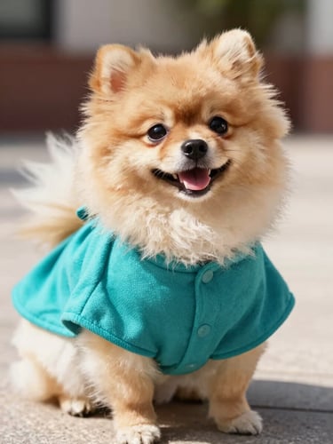 A happy fluffy Pomeranian wearing a bright teal custom-tailored Mexican poncho, bright warm natural daylight, eye-level portrait, shallow depth of field, 50mm lens