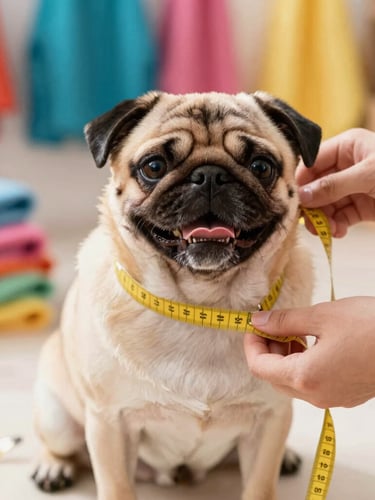 Close-up of hands gently measuring a happy pug with a soft yellow measuring tape in a sunlit workshop, colorful fabrics in the background, shallow depth of field