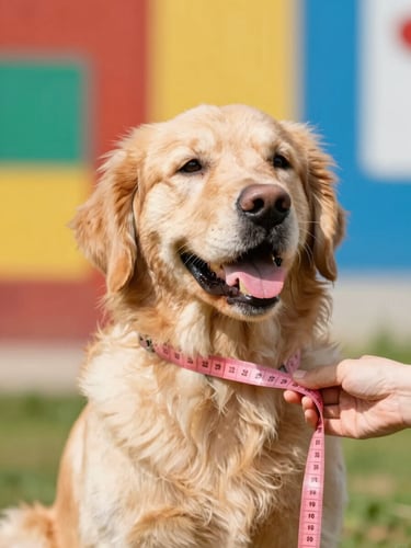Bright warm daylight photo of a happy golden retriever being measured gently with a soft pink tape measure, shallow depth of field, vibrant colorful background