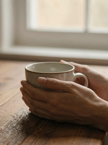 Close-up of hands gently holding a warm ceramic mug on a rustic wooden table, soft morning window light, earthy muted tones, shallow depth of field
