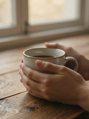 Close-up of hands holding a warm ceramic mug on a rustic wooden table, soft golden-hour window light, earthy muted tones, shallow depth of field, 35mm film aesthetic