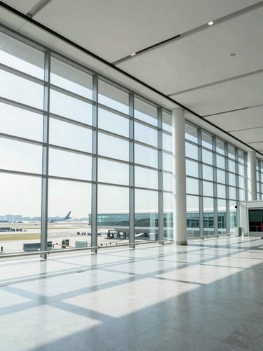 Wide architectural shot of a modern, clean, bright airport terminal with glass walls and daylight streaming in, airplane silhouette visible in the distance.