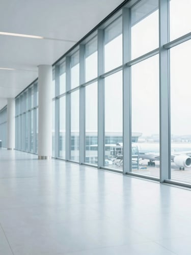 A clean, modern airport terminal corridor with bright natural daylight streaming through high windows, minimal architectural lines, cool blue tones