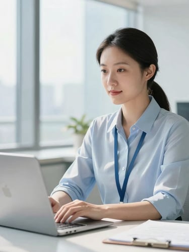 A professional travel specialist working in a bright, modern office space with clean daylight, looking focused and reassuring