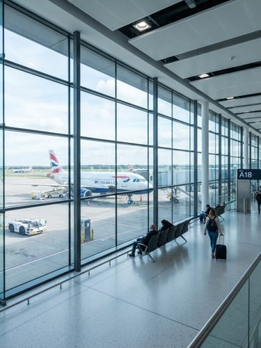 Bright modern airport terminal interior with floor-to-ceiling glass windows, a clean airplane silhouette visible on the tarmac, cool daylight casting soft shadows, professional editorial photography