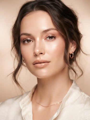 Close-up elegant portrait of a model with luminous skin, warm diffused studio lighting, soft rose gold highlights, shallow depth of field, Bodoni aesthetic