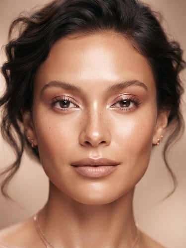 Luxurious editorial beauty photography, close-up of a professional makeup model with luminous skin, warm diffused studio lighting, rose gold tones, shallow depth of field, 8k