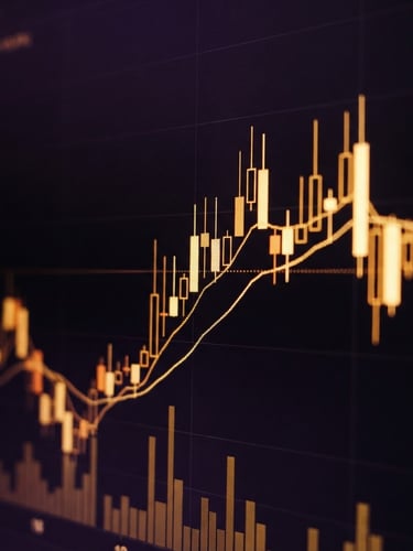 Macro shot of a financial chart glowing on a dark screen, high-contrast low-key lighting, deep purple shadows, warm gold highlights, sharp focus, 35mm.
