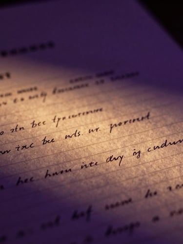 Macro photograph of a vintage screenplay script with handwritten notes, dramatic side lighting, deep purple shadows, warm gold highlights.