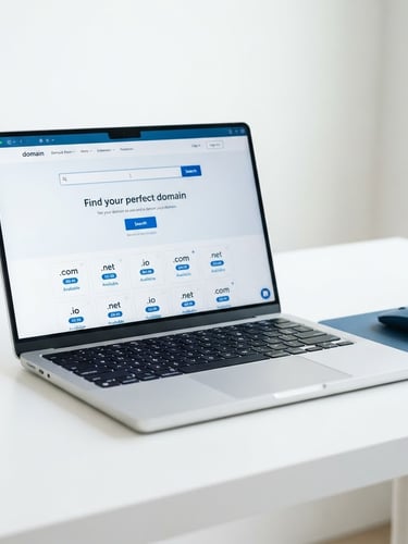 Sleek modern laptop on a clean white desk displaying a domain registration screen, bright high-key studio lighting, minimalist blue accents, sharp focus
