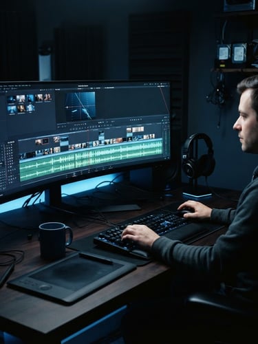 moody cinematic technology photography, low-key studio lighting, deep shadows with sharp electric blue accents, a clean developer workspace with a high-end monitor showing a video editing timeline, ultra-sharp focus, 35mm