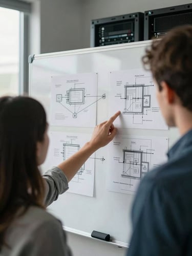 Over-the-shoulder view of two engineers at a whiteboard covered in architecture diagrams, natural daylight from a window to the left, one hand pointing at a network topology sketch, real office environment with server rack visible in the background