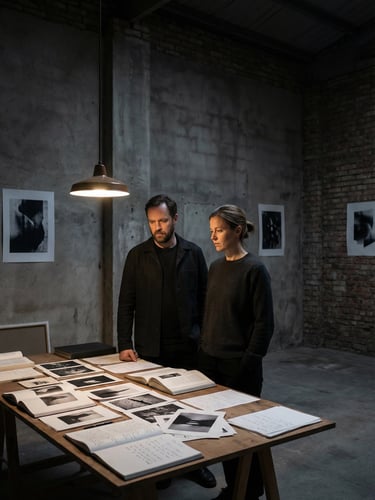 a man and woman standing in front of a table with papers and papers
