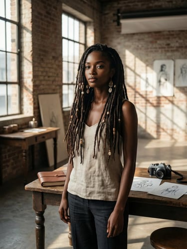 a woman with dreadlocks standing in front of a table