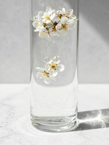 Macro product photography of delicate white orange blossoms floating in a pure glass extraction vessel, sharp architectural sunlight, white stone background