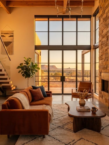 Warm editorial architectural photography of a sun-drenched modern luxury living room in Hobbs, straight vertical lines, golden hour window light, rich saturated tones.