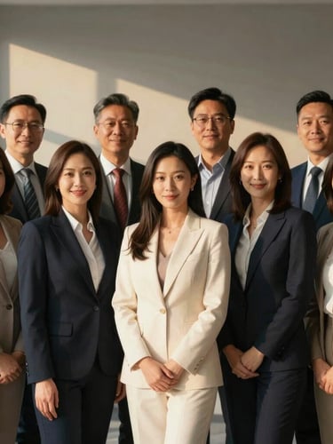 A professional and warm team portrait of real estate agents in natural light, elegant attire, warm gray background