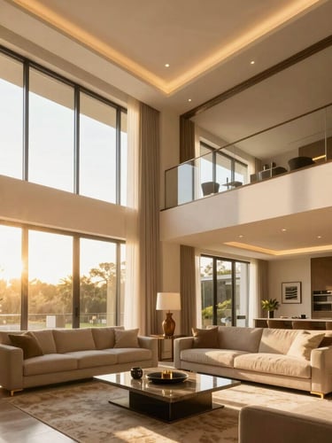 Bright sun-drenched modern home living room with high ceilings, warm golden-hour window light, luxury finishes, architectural photography