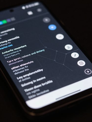 A close-up macro shot of an Android device screen showing a highly legible wireframe interface with high-contrast UI elements, cool-toned studio lighting