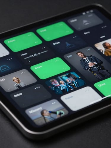 Macro shot of a physical Android tablet displaying a high-contrast dark mode user interface, sharp focus on adaptive layout grid, cool studio lighting with electric green accents.