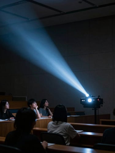 Cinematic side-lit photograph of a dark lecture hall in Hong Kong, a single projector beam cutting through the gloom, silhouettes of attentive students, cool cyan atmosphere.