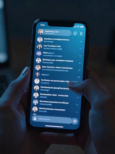 Cinematic close-up of a glowing smartphone screen displaying a video comment section in a dark room, cool blue and cyber-cyan light reflecting on hands, shallow depth of field