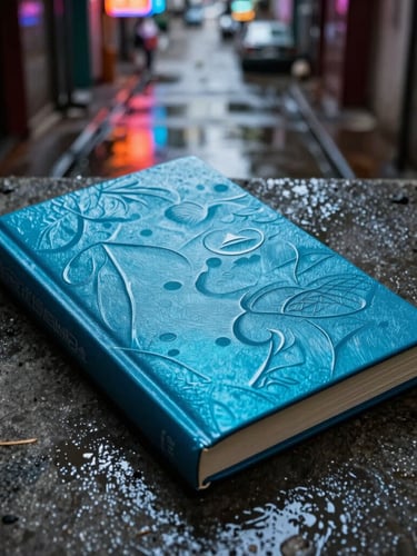 A moody, high-contrast side-lit portrait of a physical book cover with metallic cyan embossing, resting on a dark concrete surface in a rain-slicked Hong Kong alleyway at night, neon reflections.