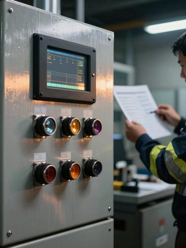 Close-up of a ruggedized industrial control panel with high-contrast steel reflections, an engineer in high-visibility safety gear with reflective stripes analyzing schematics in the background, dramatic industrial lighting, cool metallic tones with amber accents, sharp focus, 35mm lens