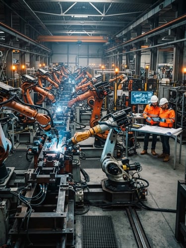 Wide shot of an automated factory floor with robotic arms, high-contrast steel reflections, cool metallic tones with amber accents, sharp focus, 35mm lens, industrial dramatic photography, engineers in high-visibility safety gear analyzing schematics in the background.